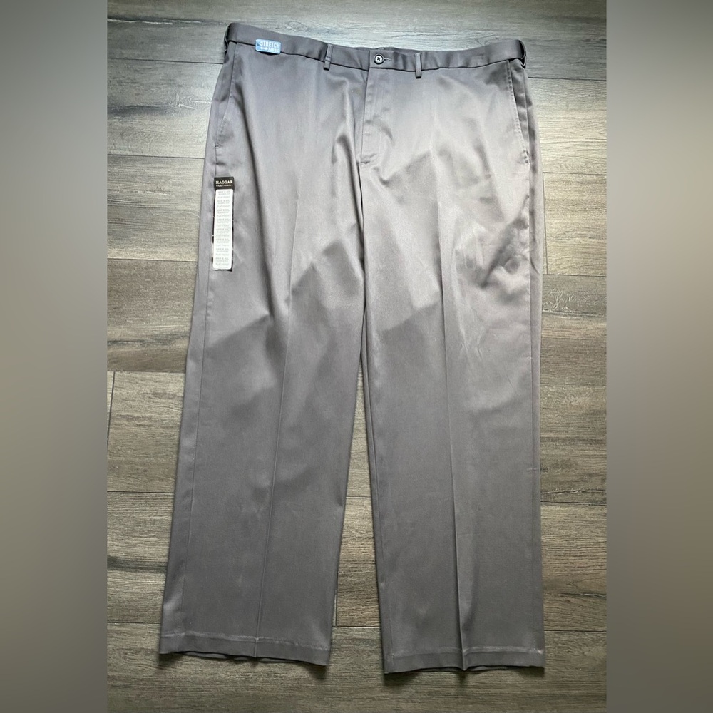 Haggar Mens Premium No Iron Khaki Flat Front Classic Fit Pants Gray 44x30 NWT